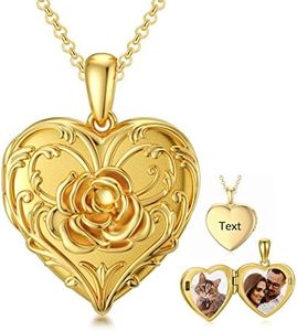 SOULMEET 10k 14k 18k Solid Yellow Gold Rose Heart Locket Necklace That Holds 2 Pictures Personalized Letters Engraved Custom Image Locket (Custom Photo & Text)