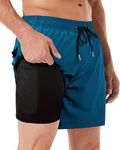 AGOBUHE Mens Swim Trunks Swim Shorts with Compression Liner Quick Dry 7 inch Beach Shorts with Mesh Lining Pockets Blue