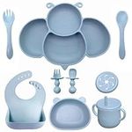 Silicone Baby Feeding Set, 8 pcs Toddler Weaning Set with Suction Bowl Divided Plate, Toddler Self Feeding Dish Set with Spoons Forks Sippy Cup Adjustable Bib, Eating Utensils for 6+ Months, Blue