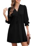 Dokotoo Womens V Neck Sexy Dresses Elegant Plus Size Shift Dresses Long Puff Sleeve Fall Dresses Classy Black Midi Dress for Beach Party Work Outfit Large