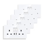 JIMEIDA 5 Pack Double Switched Socket 13 Amp with USB A and Type C Charging Ports Crystal White Glass Panel Wall Outlet Electric Power Socket