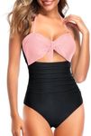 Tempt Me Women Sexy Cutout One Piece Swimsuits Tummy Control High Waisted Halter Front Tie Knot Bathing Suit, Pink Black, Small