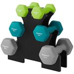 Songmics SYL612GN Dumbbell Weight Kit with Storage Stand, for Fitness, 2 x 1 kg, 2 x 2 kg, 2 x 3 kg, Vinyl Coating, Bright Green, Turquoise and Light Grey