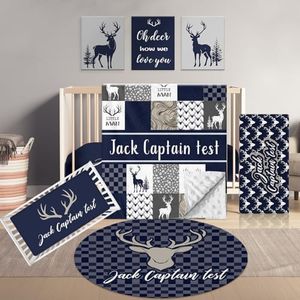 Terwex Personalized Baby Crib Bedding Set, 5 Pcs Custom Name Bedding Crib Sets for Girls Boys - Nursery Bedding Sets for Crib, Soft Toddler Crib Sets for Infant Customized Gifts, Blue Woodland Deer