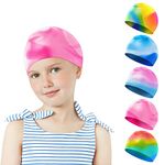 Darbermu Swim Cap kids, Silicone Swim Cap for Kids Children Boys and Girls, Stretchable and Comfortable Swimming Hats, Waterproof Bathing Caps for Long and Short Hair, PINK WHITE, 21.5*19CM