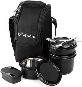 Oliveware Executive Lunch Box, Microwave Safe, 3 Inside Steel Container with BPA Free Lids (290ml, 450ml, 600ml, Plastic Pickle Box (130ml) & Steel Cutlery - Black
