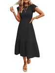 Coloody Women's 2024 Summer Casual Midi Dress Boho Flutter Sleeve Crew Neck Smocked Elastic Waist Tiered A-Line Long Beach Dress(Black, L)