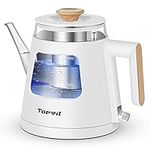 TOPWIT1.0L Electric Tea Kettle with Removable Stainless Steel Infuser, BPA-Free Electric Glass Gooseneck Kettle with Window, Double Wall Water Warmer, Auto-shut Off, White