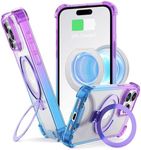 ANSIWEE for iPhone 15 Pro Magsafe Phone Cover Case, Military-Grade Protection, Built-in Stand, Clear Bumper Cover with Ring Holder for Men Women (Purple Blue)