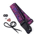 KLIQ Vintage Woven Guitar Strap for Acoustic and Electric Guitars + 2 Free Rubber Strap Locks, 2 Free Guitar Picks and 1 Free Lace | '60s Jacquard Weave Hootenanny Style | Pink & Purple Paisley