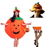 5 Pcs Halloween Pumpkin Costume Suit Set with 2 Pumpkin Hat+Pumpkin Dress+Pumpkin Bags+Adult Tights Striped, Halloween Party Dress Up Props Pumpkin Costume Pantyhose Gift Bag for Adult Party Cosplay
