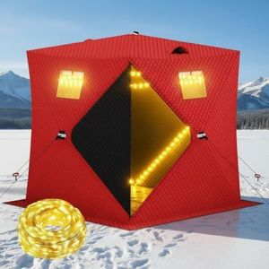 Garvee Pop Up Ice Fishing Shelter and Insulated Ice Fishing Tent with 49ft LED Light Strip, Windproof Portable Hub Design, Fits 2-3 People, 25 sq ft Fishable Area, Red