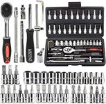 KBZONE 46PCS 1/4 inch Drive Socket Set, Metric Ratchet Wrench Set with 4-14mm CR-V Sockets, Extension Bars,S2 Bits, Mechanic Tool Kits for Household Auto Repair