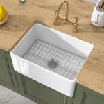 TUKTUK White Farmhouse Sink 24X18 inch Fireclay Farm Sink Apron Undermount Kitchen Sink Single Bowl Small Sink for Bar Drop-in Modern Kitchen Sink with Luxury Bottom Grid & Strainer