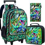 4PCS Kids Rolling Backpack for Boys, Cute Camouflage Dinosaur Wheeled Bookbag，Roller School Bag with Wheels for Elementary Preschool Travel