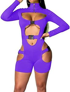 Yeshire Women's Bodycon Bag Buckle High Neck Long Sleeves Sexy Hollow Out Rompers Jumpsuits Clubwear XXX-Large Purple