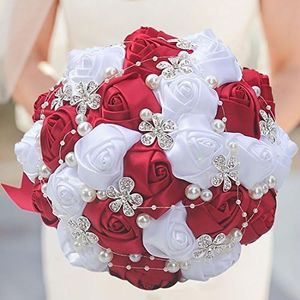 S-SSOY Customizable Romantic Wedding Bouquets Silk Flowers Bridal Holding Roses Bride Bridesmaid Brooch Bouquet Pearl Diamond Crystal Ribbon Valentine's Day Free Corsage (Red+White)