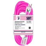 EP 50 Ft Outdoor Extension Cord with Lighted End, 12/3 Gauge SJTW Heavy Duty Extension Cable with 3 Prong Grounded Plug, 15AMP 1875W 12AWG, Pink, UL Listed