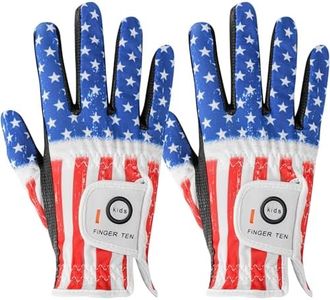 FINGER TEN Stylish Kids Golf Gloves 2 Pack for Left or Right Hand, All Weather Grip & Breathable Durable & Funny Design for Boys Girls Junior Youth Toddler (USA Flag, Large, Right)