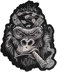 Gorilla Smoking Cigar with Bandana Headband, 10 x 8 inches, Iron On - Big Patch for Biker Vest, Jacket