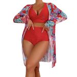 High Waisted Bikini Set Red, Three Piece Monokini Swimsuit with Bikini Bottoms, Cut Out Women's Sexy Halter Bikini Set Tie Sides Thong Triangle Brazilian Bikini Valentine's Day Activities Red