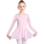 Ballet Leotard for Girls Long Sleeve Cross Straps Ballet Dress Kids Cotton Ballet Outfit Gymnastics Leotard with Chiffon Skirt Suit for 2-11 Years (Pink (Long Sleeve), 100 (90-100cm,2-3 Years))