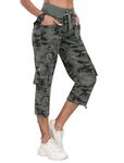 MoFiz Cargo Capri Hiking Pants Women Cropped Trousers Summer 3/4 Cargo Trousers Outdoor Walking Crop Pants with Pockets Camo-green Size 2XL