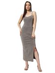 Vaararo Ruched Party Dress for Women Bodycon | Shiny Lurex Fabric Shoulder Straps Front Slit Outfit Golden Brown Small