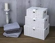 HomeZone Modern Wicker Hamper Storage Baskets with Lid and Leather Lock - White Strong Stackable Hand Woven Basket Gift Toy Box - Rattan Storage Box for Home, Bathroom, Bedroom, Kitchen - Set of 3