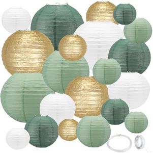 21Pcs Sage Green Paper Lanterns,4"6"8"10"12" Hanging Round Paper Lanterns Decorative with Tape and String for Bridal Shower Baby Shower Wedding Birthday Party Engagement(Gold Ivory Sage Green 21pack)