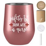 Nurse Gifts for Women - Nurse Gifts - Safety First Drink with a Nurse - 12 oz Stainless Steel Wine Tumbler with Lid and Straw – Gifts for Nurses - Nurse Practitioner Gifts- Gifts for Nurse (Rose Gold)