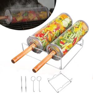 JELITY Rolling Grill Basket for Outdoor Grill, 2 Pack Stainless Steel Grilling Net Cube with Wooden Handle & Stand, Mesh BBQ Accessories for Chicken, Meat, Fish, Steak, Vegetables, Seafood