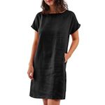 Amazhiyu Women Pure Linen Tank Dress Short Sleeve Crew Neck Summer Dress with Pockets Black S