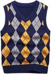 KID1234 Boy's School Uniform V-Neck Cable Front Color Block Plaid Sweater Vest (6)