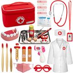 EFO SHM Role Play Toys Kids Doctors Set Wooden Dentist Medical Playset Dress Up Toys in Carry Case with Real Stethoscope, Doctor's Coat for Boys Girls