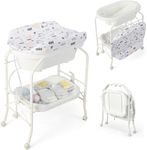 INFANS Baby Changing Table with Bathtub, Foldable Infant Diaper Dresser Station with 4 Universal Wheels Waterproof Pad Storage Tray, Portable Nursery Organizer Bath Stand for Newborn (White)