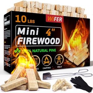 WiFER Mini Fire Stick with Fire Starter & Tongs, 4'' Kiln-Dried Pine Great Firewood for Wood Stoves, Tabletop Fire Pit, BBQ Grill, Pizza Oven, Solo Stove Accessories, BBQ Accessories, 10 lb Box