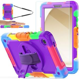 BLOSOMEET Case for Samsung Galaxy Tab A9 with Tempered Glass Screen Protector Pencil Holder Hand Strap&Stand,Galaxy A9 Tablet Case with Shoulder Strap,Purple