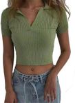 Hyipels Women Knit Crop Polo Shirts,Summer Short Sleeve Ribbed Collared T-Shirt Solid Fitted V Neck Tops Lime Green