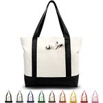 TOPDesign Stylish Canvas Tote Bag with an External Pocket, Top Zipper Closure, Daily Essentials (Black/Natural)