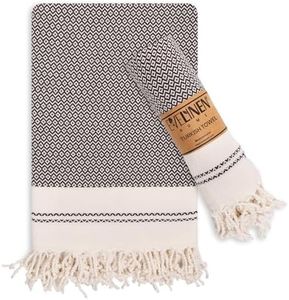 Evelynen Turkish Hand Towels for Bathroom & Kitchen Towels Decorative Set of 2 | Boho Farmhouse Hand Towels with Hanging Loops for Face, Tea, Dish, Kitchen & Bath | Turkish Cotton (16" x 32" - Black)