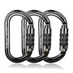 BOORCA UIAA Certified Climbing Carabiners, 25KN Auto Locking Heavy Duty Carabiner Clips for Hammocks, Swing, Locking Dog Leash and Harness, Camping, Hiking & Utility, 3Pack, Black