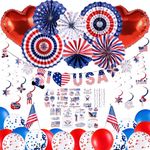 SUNBEAUTY 4th July Party Decorations American Flag Navy Blue Red Paper Fans Set Pom Poms Star Streamer Hanging Swirls American Party Decorations for 4th July Party Birthday Wedding Graduation