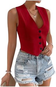 SHENHE Women's V Neck Sleeveless Button Down Crop Vest Top Blazer Coat Office Suit Red Medium