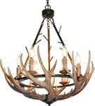 Rustic Antler Chandelier 6 Lights, Farmhouse Chandeliers with Resin 6 Antlers and Retro Metal Wagon Wheel Vintage Style for Dining Room, Kitchen, Living Room, UL Listed, Light fixtures