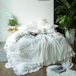 SUSYBAO Ruffle Duvet Cover King 100% Washed Cotton White Ruffled Duvet Cover 3 Pieces Set 1 Romantic Frilly Lace Duvet Cover with Zipper Ties 2 Pillow Shams French Soft lace Patterned Bedding Set Cozy