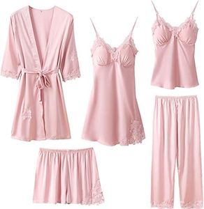 Superora Ensemble De Pyjama 5 Pi裥s Femme Robe de Nuit Peignoir V괥ments de Nuit Nightwear Chemise de Nuit Satin Dentelle,S,Rose