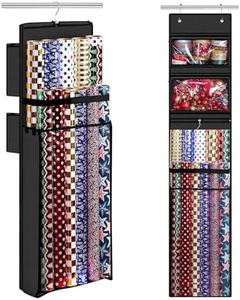 Woodoulogy Wrapping Paper Organizer Storage, Double-Sided Hanging Gift Wrap Roll Holder for Christmas, 63"x13" Over Door Present Bag Container for Room Closet, Black Wrapper Station for Birthday