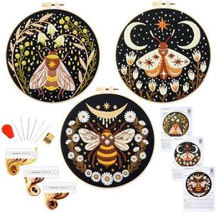 Hand Embroidery Starter Kits for Beginners Adults, Counted Stamped Cross Stitch Kit for Beginners Adults, Embroidery Needlepoint Kit with Moth Flower Pattern, 3 Hoops (Attached Teaching Video QR Code)