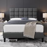 Yaheetech Upholstered Bed Frame, Modern Full Bed Platform with Square Stitched&Button Tufting Headboard Height Adjustable, Wooden Slats Support, No Box Spring Needed, Full Size, Dark Gray